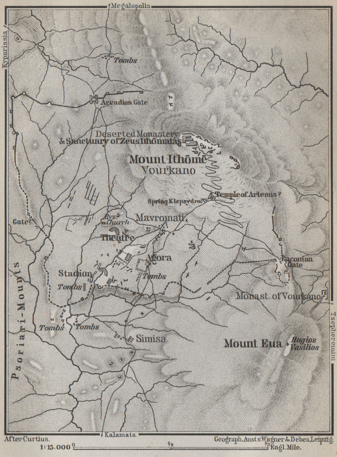 MOUNTS ITHOME & MOUNT EVA & environs. Vourkano Eua. Messenia, Greece 1909 map